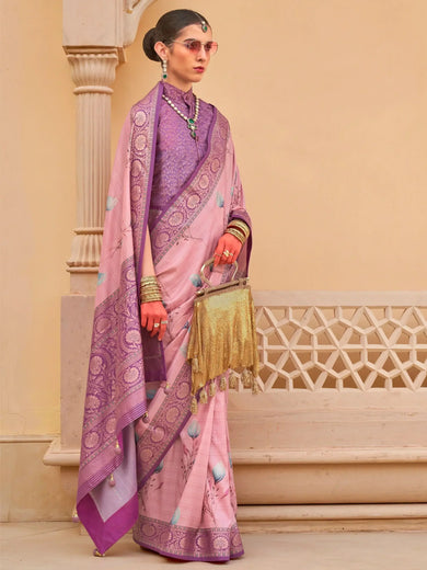 Attractive Purple Printed Silk Wedding Wear Saree With Blouse